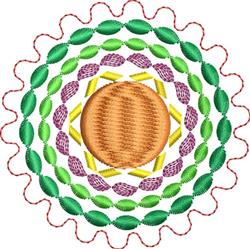 Circular decorative design featuring whimsical green leaves and playful purple accents around a vibrant orange center.