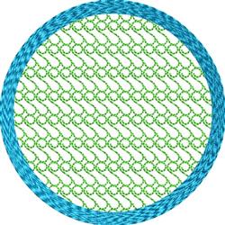 Circular embroidery design with a blue border and green looping pattern, modern and playful for quilting.