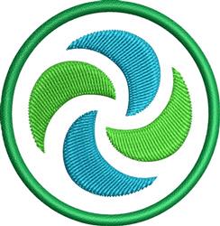 Modern circular design featuring blue and green spiral elements, framed by a vibrant green border.