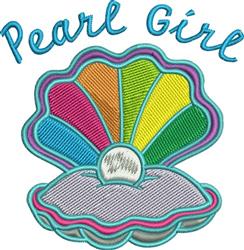 Colorful clam shell design with rainbow hues and bold teal outline, featuring playful 'Pearl Girl' text.