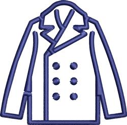 Stylized coat outline in simple line art with a blue border and white interior, double-breasted design.
