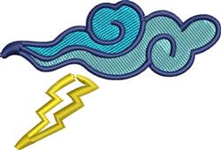 Cartoon cloud in blue and grey with a yellow lightning bolt, lively design perfect for playful decor.