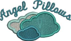 Whimsical clouds in blue and teal shades with 'Angel Pillows' text in a cheerful font, perfect for playful decor.