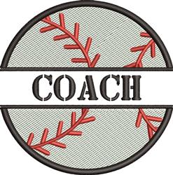 Circular patch featuring 'COACH' in bold typography, red baseball stitching, and a sporty casual style.