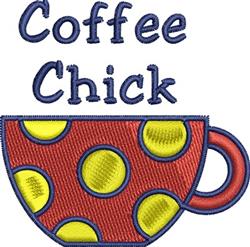 Playful coffee cup design featuring a red mug with yellow polka dots and bold blue 'Coffee Chick' text.