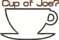 Playful coffee cup outline with curved handle and saucer, featuring 'Cup of Joe?' in bold letters, warm colors.