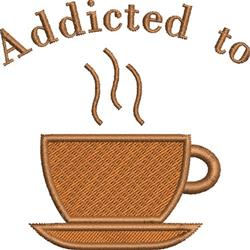 Stylized coffee cup on a saucer with steam lines, featuring playful text 'Addicted to' in warm brown.