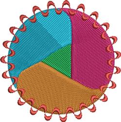 Colorful circular patch with blue, green, purple, and orange sections, featuring a decorative red scalloped edge.