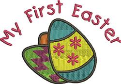 Applique colorful decorative Easter egg with zigzags and floral patterns, featuring 'My First Easter' text.