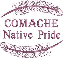 Text design featuring 'COMACHE' and 'Native Pride' with two curved feathers, earthy tones, and a cultural theme.