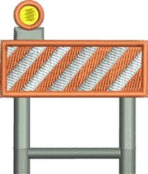 Playful cartoon construction barrier featuring an orange and white striped panel, grey frame, and yellow warning light.