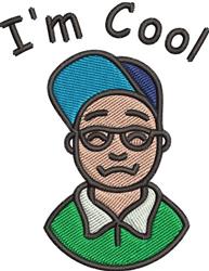 Playful cartoon character wearing glasses and a blue cap, stitched with 'I'm Cool' in vibrant colors.