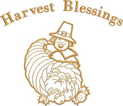 Cornucopia with a cheerful pilgrim character reading, vibrant pumpkins and 'Harvest Blessings' text, perfect for Thanksgiving
