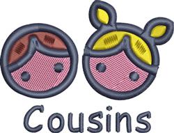 Playful cartoon faces of cousins with brown and yellow hair, colorful expressions, with text 'Cousins' below.