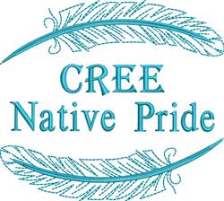 CREE Native Pride text design in bold turquoise framed by decorative feathers, modern and cultural motif.
