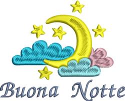 Cheerful crescent moon with blue clouds and gold stars, featuring 'Buona Notte' in a playful font for nighttime decor.