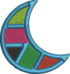 Playful crescent shape in vibrant segments of green, pink, black, and orange, outlined in bold blue.