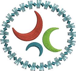 Colorful crescent shapes in red, green, and blue with vibrant geometric borders in turquoise, perfect for decor.