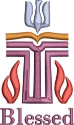 Stylized cross with flames in purple and orange, featuring 'Blessed' text below, perfect for religious occasions.