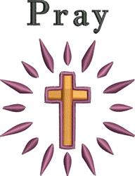 Traditional cross in bright orange with purple outline and rays, 'Pray' in bold black, perfect for religious occasions.