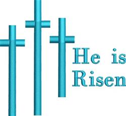 Modern cross design featuring three bright turquoise crosses with 'He is Risen' text, perfect for Easter.