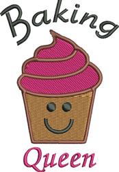 Playful cupcake with pink frosting and a smiling face, featuring the text 'Baking Queen' in whimsical font.