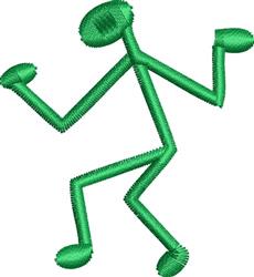 Playful stick figure dancing in vibrant green, captured in a dynamic pose with joyful expression.