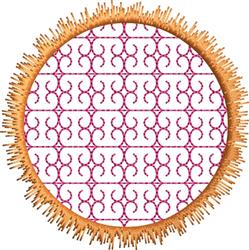 Quilting decorative circular pattern featuring red embroidery on a white background with textured fringe.