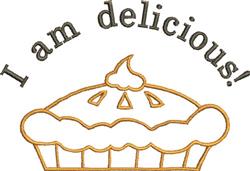 Cheerful dessert pie with swirled topping and crust cutouts, featuring the phrase 'I am delicious!' above.