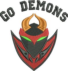 Bold demon face with red and black colors, green eyes, horns, and fangs, perfect for sporty embroidery.