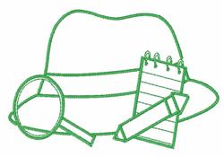 Playful green outlined detective hat with magnifying glass, notepad, and pencil in simple line drawing style.