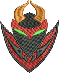 Stylized devil mask with fierce horns, sharp features, and bold red, black, and green colors.