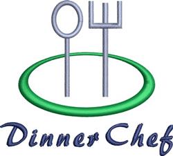 Modern design featuring cooking utensils with a green circle, abstract fork and spoon, and 'Dinner Chef' text.
