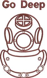 Diving helmet illustration with bold outline, circular goggles, and air supply, featuring 'Go Deep' text.