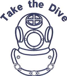 Diving helmet in simple line art style with 'Take the Dive' text above, deep navy blue on light background.