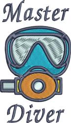 Colorful diving mask with vibrant blue shades and an orange regulator, featuring bold 'Master Diver' text above and below.