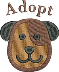 Cartoon dog face in brown and tan with playful 'Adopt' text above, promoting pet adoption.