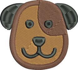 Friendly cartoon dog face with a two-tone brown color scheme, rounded ears, and a warm smile.