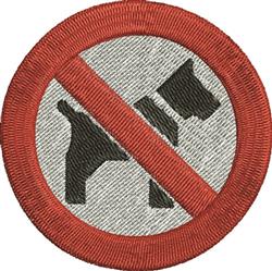 Dog silhouette in a circular patch with a red border, featuring gray background and diagonal red lines.