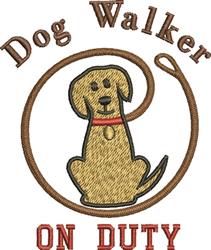 Playful dog, possibly a Labrador, with a red collar inside a leash outline. Text reads 'Dog Walker' above.
