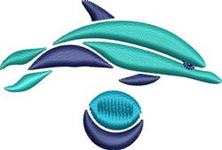 Stylized dolphin in motion with flowing teal and navy lines above a playful ball. Modern aquatic design.
