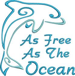 Playful dolphin in flowing blue lines with 'As Free As The Ocean' text, ideal for casual aquatic projects.