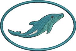 Playful dolphin in vibrant teal shades, enclosed in an oval frame, showcasing fluid motion.