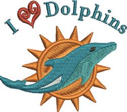 Playful dolphin in blue swims above a golden sun with 'I ❤️ Dolphins' text, perfect for summer vibes.