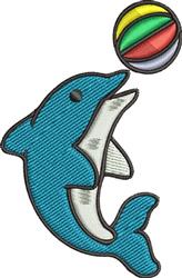 Cartoon dolphin leaping joyfully with a beach ball, vibrant summer theme, perfect for beach decor.