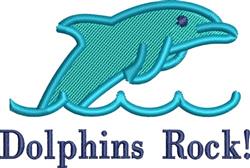 Playful dolphin applique in light turquoise leaping over waves with 'Dolphins Rock!' text in dark blue.