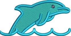 Playful dolphin in vibrant teal with aqua outlines, surrounded by light blue waves, perfect for children's apparel.
