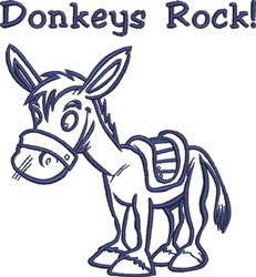 Cheerful cartoon donkey with large ears and a saddle, alongside playful text 'Donkeys Rock!', perfect for kids.