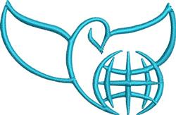 Stylized dove with blue outline in flight over a globe, modern minimalist design ideal for embroidery.