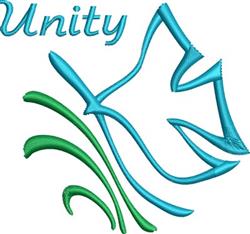 Stylized dove in vibrant aqua with flowing green swirls, elegantly embroidered 'Unity' above in a modern design.
